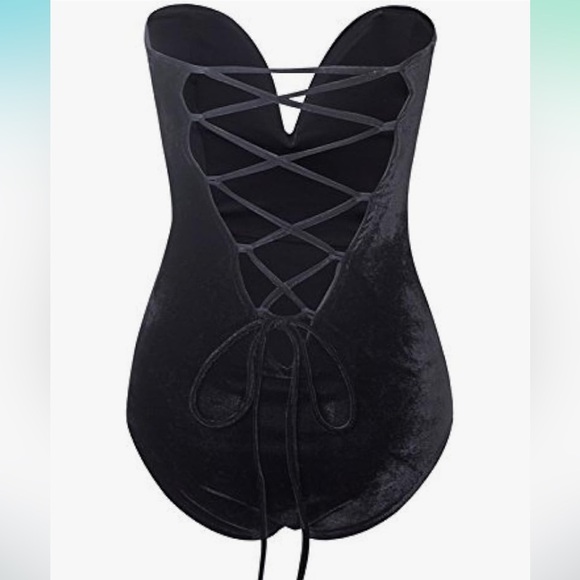 Sexy Velvet Strapless Bodysuit  Vintage Deep V  Lace Up Cross Back Black M - Picture 3 of 6